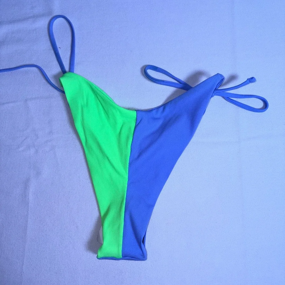 Maaji string tie up Bikini Set Medium Blue Neon Green NEW Ribbed Colorblock